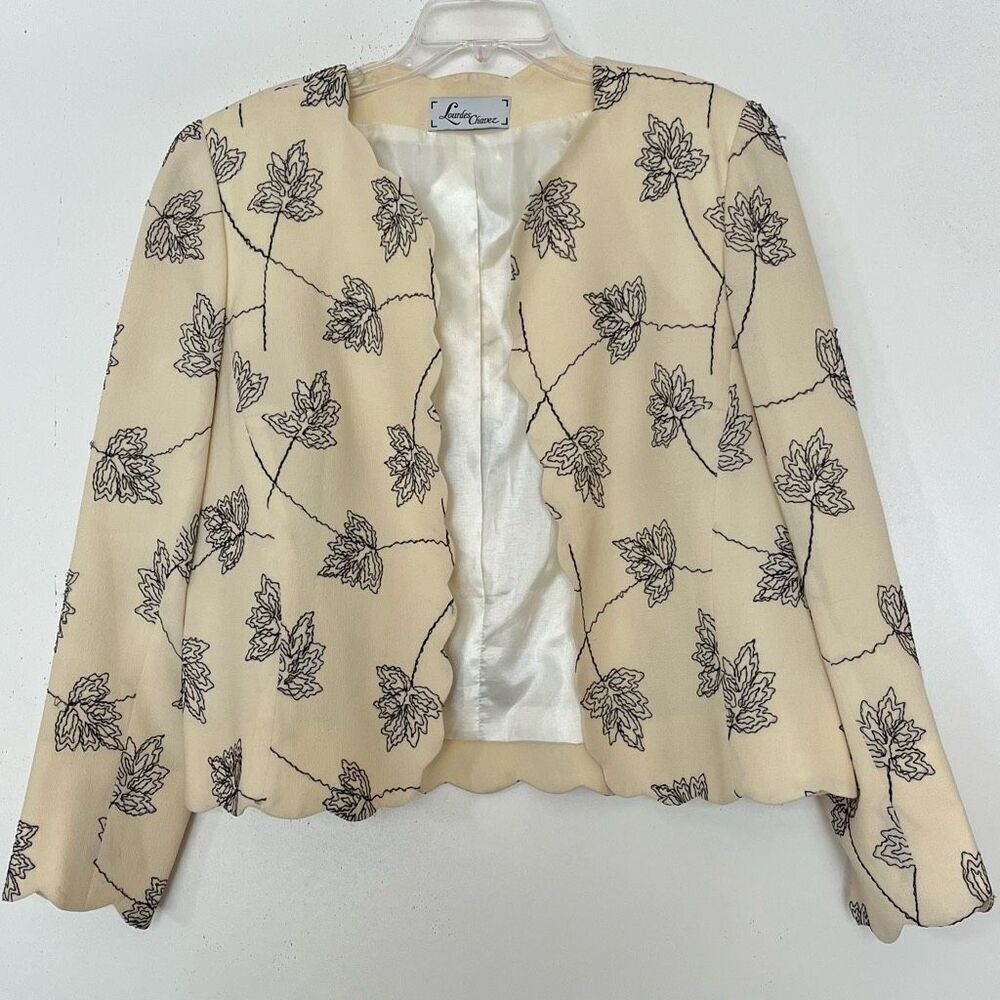 Lourdes Chavez Floral Embroidered Jacket 14 Ivory Wool Scallop Edge Made in USA